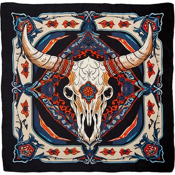 Wyoming Traders Wild Rag Southwest Steer Skull Print 100% Silk Scarf - 34.5" - Picture 1 of 1